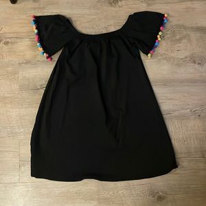 Summer beach cover up - Black off shoulder dress with pom-poms
